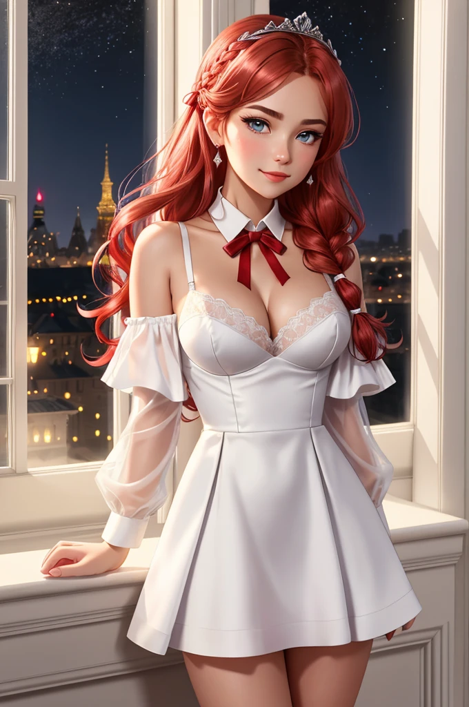 masterpiece, high_quality, 8k, anime_CG, medium_breast, palace, night, bokeh, blush, hair ornament, indoors, royal_room, window, perfect legs, short dress, long hair, french braid, mature_lady, victorian_age, full-face blush, closed mouth, embarrassed, off-shoulder dress, transparent dress, neckline, lingerie, white_bra, black dress, tiara, alternate action, seductive_smile, glowify, novel style, silver long hair, blue eyes, slant eyes, tsurime, red hair ribbon, school uniform, school silver blazer, red ribbon, white collared dress shirt, alya, Alisa Mikhailovna Kujou