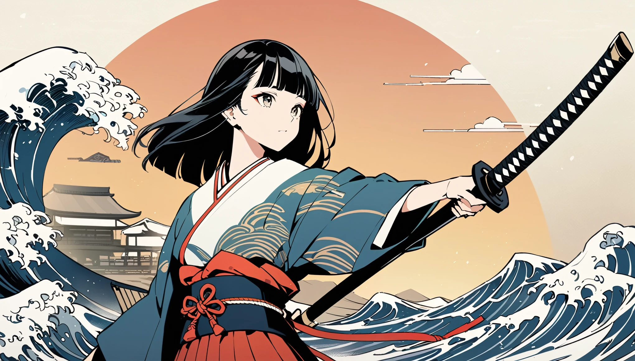 I'm doing a computer、Ukiyo-e、Ocean、Kimono dress,Black Hair、blunt bangs、Samurai、Japanese sword, face, Modern design, 1 female,Sexy concept, 