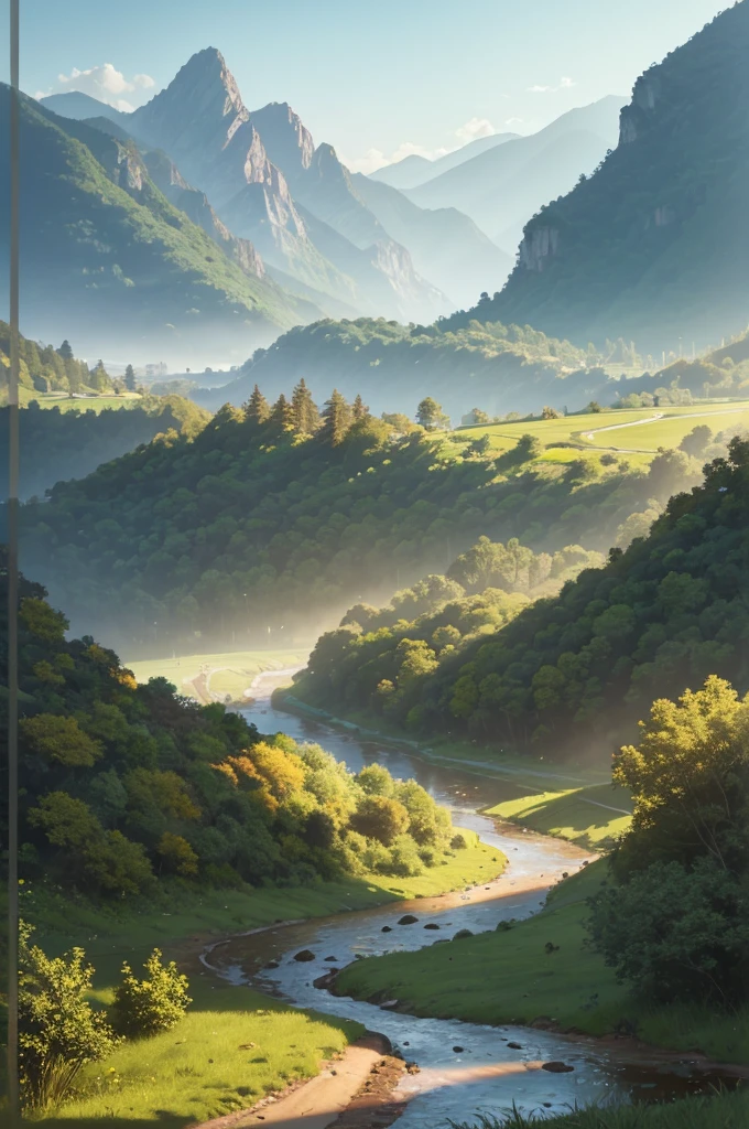 a dirt path in the middle of a valley, river in the background, lush green trees, mountains in the distance, golden sunlight, atmospheric haze, highly detailed, photorealistic, 8k, cinematic lighting, wide angle, serene landscape, nature scenery, beautiful vista, stunning scenery