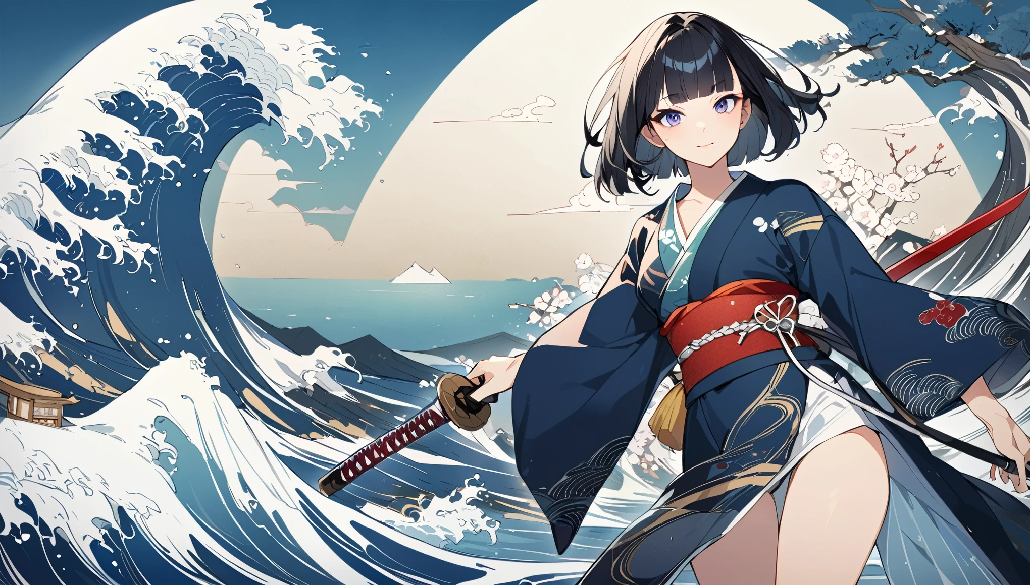 Ukiyo-e、Ocean、Kimono dress,Black Hair、blunt bangs、Samurai、Japanese sword, face, Modern design, 1 female,Sexy concept, 
