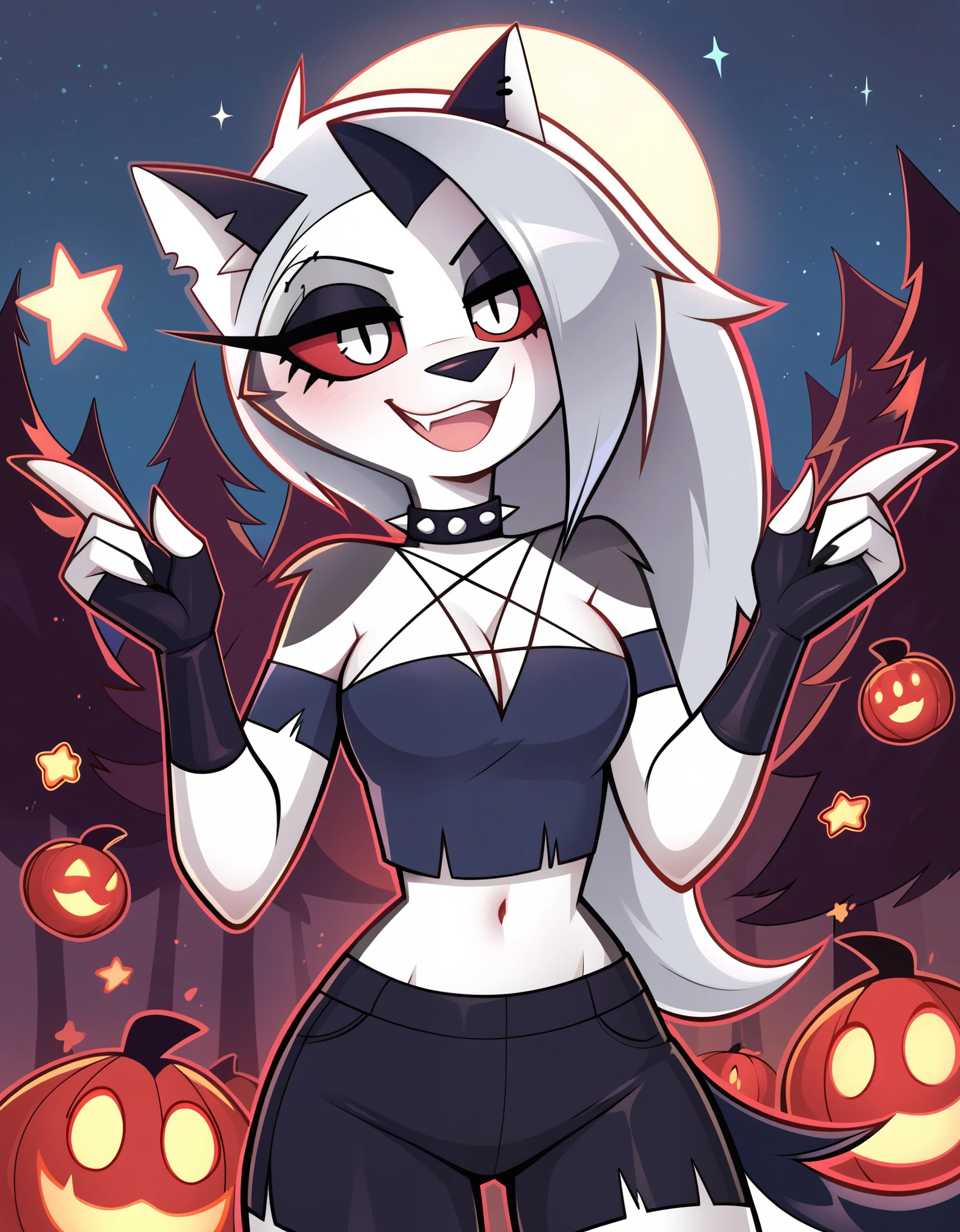 score_9_up, score_8_up, score_7_up,  rating_safe, furry, anthro, solo, loona(jizokumode), hellhound, red sclera, loona (helluva boss), tanktop, fingerless gloves, excited, blep, forest, night, stars, crescent moon, solo, forced smile, 4 fingers, inverted pentagram,