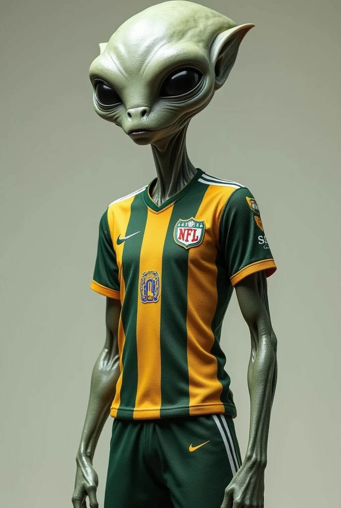 gray green alien with football team shirt