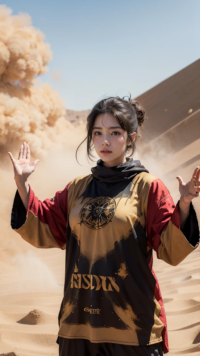 Female Azir casting a powerful sandstorm spell with her hands raised, summoning swirling sand and cowering enemies, wearing the Emperor’s Wrath skin with deep crimson and gold, in a desert battlefield with swirling dust and wreckage (having massive k-cups: 1.33), (having clothes: 1.77).