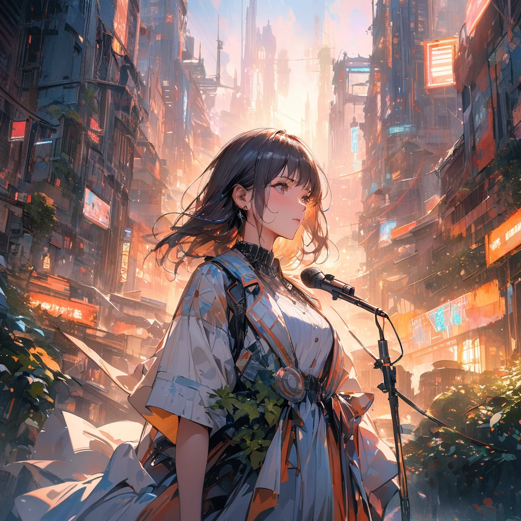 masterpiece,最high quality,Very detailed,High resolution backgrounds,8k,there is nothing,high quality,break,japanese manga style, sketch, Watercolor Colors,A bright and hopeful futuristic cityscape glowing with neon and brass tones. In the foreground, lit by a mix of neon lights and warm sunlight, is a powerful, realistic-looking woman holding a vintage microphone. Surrounding her is a symbol of unity and strength, like rising steam. In the background, greenery thrives among the futuristic structures, conveying hope and optimism for the future.