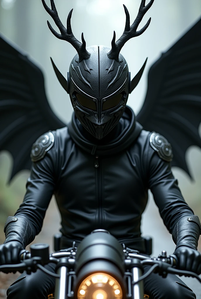 Motorcyclist with helmet that has black wings and deer antlers, only the upper part is visible