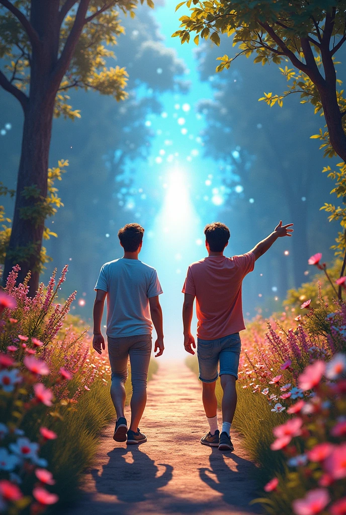 Two men ara walking on the flower road, A friend shows him from his hand a beautiful brightness in end of the road .