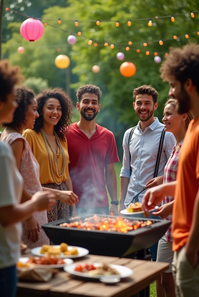 BBQ Young adult cookout. Real image Group of youth catching fun and happy mood.