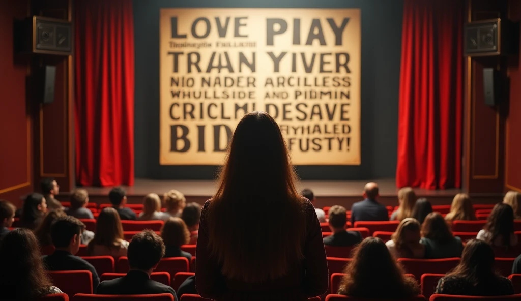 masterpiece, Highest image quality, photo realistic, Raw photo, full body photo, (in the theater, girl explain the big Typography poster behind her, many people look at the girl, many word and design on typography poster)