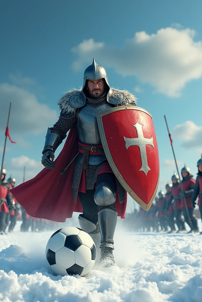 Ted Lasso, dressed as a medieval knight, training the Night's Watch to play soccer on a snowy field. He uses a giant soccer ball as a shield, as the Night's Watch try to hit him with wooden swords. Ao fundo, the Wall stands imposingly. styled: アニメ, swirly vibrant colors, Exaggerated expressions. 4K