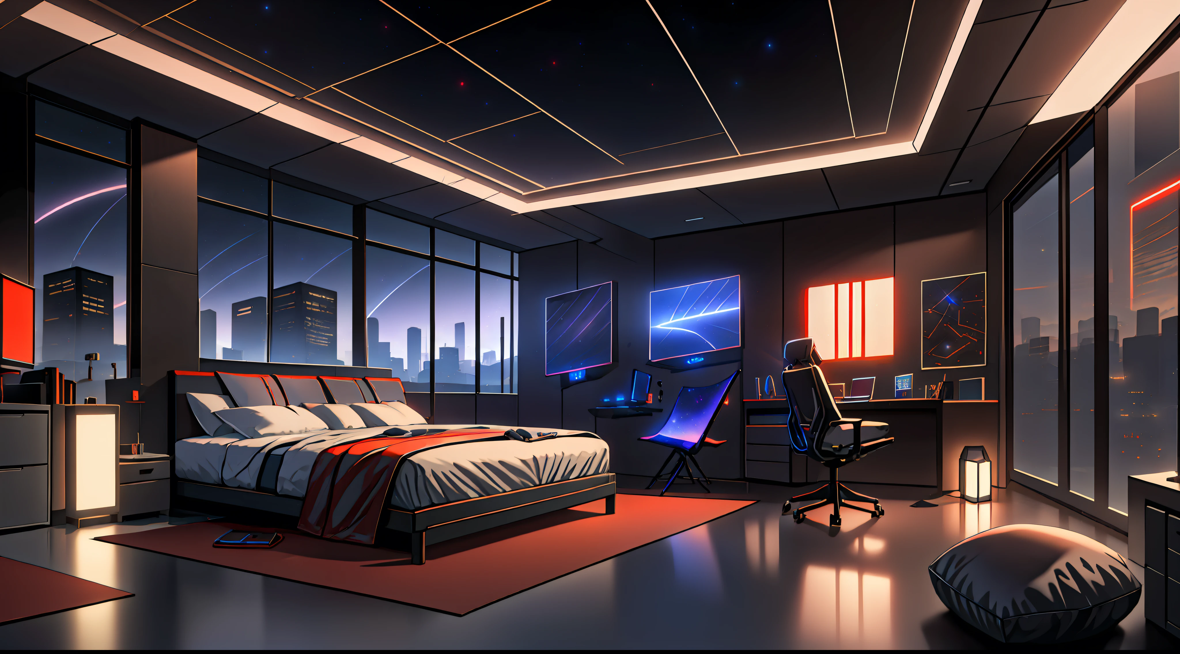 Warm Light Source Cyberpunk Quiet Night Technology Bedroom Computer Desk Microphone Light Computer Water Dispenser Small Fluorescent Starry Sky Smooth Floor Red Fox Deconstructivism Fragmentation Beautiful Sculptures Floor-to-Ceiling Windows Light Bed Camera Chair Game Interface Crimson Dark Atmosphere Ambilight