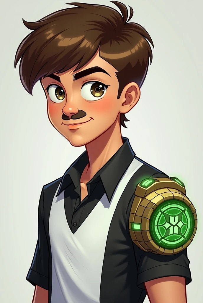 Ben 10, I want a boy with hair like Ben&#39;s, but with a more bowl cut look, and a medium skin color "peanut candy", I hope you understand me, greeneyes, a white and black shirt and an omnitrix on the left arm Do it with about 15 years, thin mustache and small goatee, and the black hair