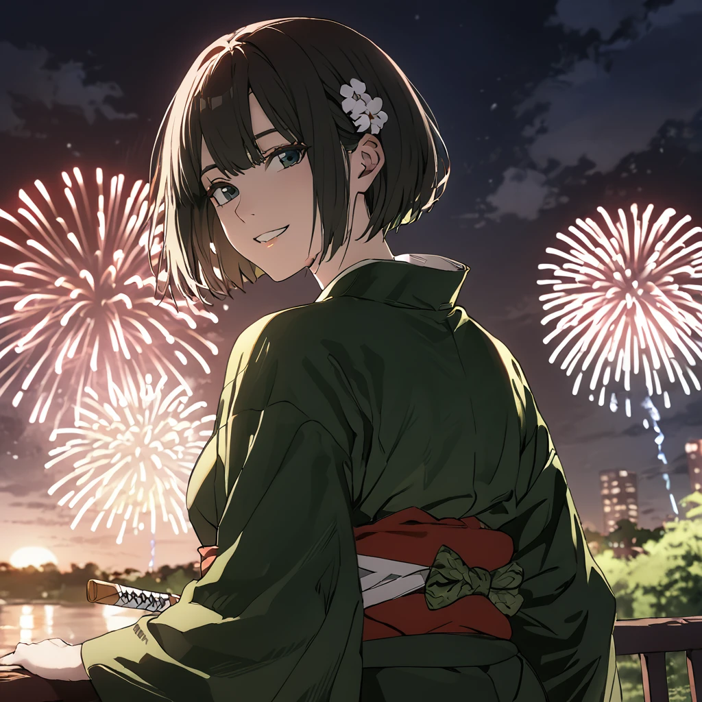 Ridiculous resolution, high resolution, (masterpiece: 1.4), Very detailed, (1 female: 1.3), (Solitary: 1.4), fireworks, Short Bob, Short Bob, kimono, look back, Close your eyes, Smile, Light, Shinkai Makoto style, Super close-up of face, Super detailed illustrations, Bright colors, cinematic Light, exciting Light production, Attention to detail, Bright colors, Hairpin, kimono, Big side breast, look back, Happy, Smile, From below,