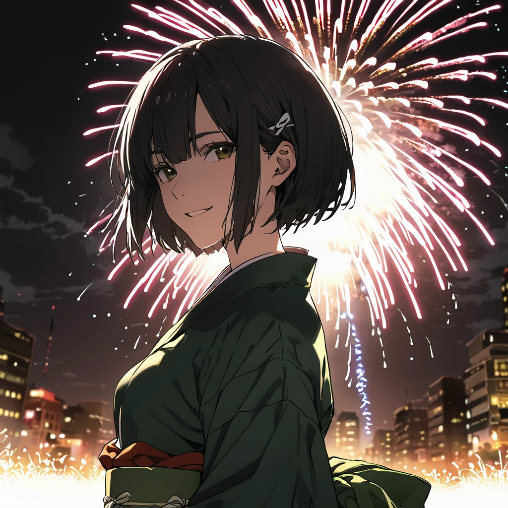 Ridiculous resolution, high resolution, (masterpiece: 1.4), Very detailed, (1 female: 1.3), (Solitary: 1.4), fireworks, Short Bob, Short Bob, kimono, look back, Close your eyes, Smile, Light, Shinkai Makoto style, Super close-up of face, Super detailed illustrations, Bright colors, cinematic Light, exciting Light production, Attention to detail, Bright colors, Hairpin, kimono, Big side breast, look back, Happy, Smile, From below,