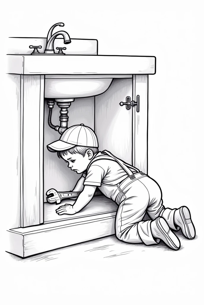 best quality, highres, masterpiece:1.2, ultra-detailed, realistic:1.37. , white background, monochromatic, line drawing, sketch., ensuring the lines are clear and well-defined for easy coloring. Small child wearing a plumbers uniform with a adjustable wrench working inside a cabinet base on his back fixing a sink