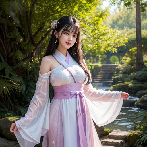 best quality, Delicate face,beautiful visual work, lifelike, eternity, black hair, Long curly hair, blunt bangs, Smile, Detailed Background, Delicate face,blush,cold,((masterpiece))、(top quality)、8k、high detail、Super detailed,21 years old female,身穿唐制Hanfu、waist skirt, Clothes are light and fluffy,Hanfu, wide sleeves, Transparent sleeves, Tunic, Clothes made of chiffon, masterpiece、born、Scenes resembling fairy tale illustrations、intricate details和複雜的設計、Beautifully、magic、capricious、 Beautifully、Dream aesthetics、「𝓡𝓸𝓶𝓪𝓷𝓽𝓲𝓬、ethereal、charming、fickle、magic」、realism、Visual effects、FXAA、SSAO、Shader、voiceless、ambient lighting、Tone mapping、High resolution、Ultra high quality、Million pixels、(8K resolution:1.10)、8k、8k以下、8K resolution、high detail、intricate details, (high quality:1.2、masterpiece:1.2、:1.21)、(21 years old female:1.21)、(興奮地Smile)、(被dream般的氛圍所包圍、Model diagram,full-body shot,Normal 2 feet,Put your hands behind you,The protrusion of the breast is visible when wearing clothes, Large Breasts, H cup chest, antiquity, Xian Xia, gauze clothes, Soft and fluttering, Fairy, dream, fantasy, light, Elegant, nature, Immortal, romantic, classical, ribbon, light purple clothes, In the woods, martial arts drama scene