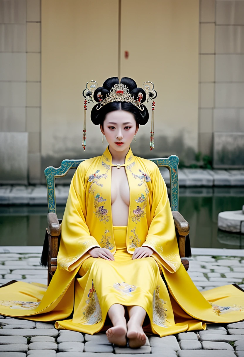 A gorgeous empress from the Chinese imperial court during the Qing Dynasty. A large yellow sofa with the empress naked and with her legs spread. A gorgeous empress from the Chinese imperial court with her hair tied on both sides. She is wearing a crown.、The background where she is tying her hair is、Cobblestones outside the Qing Dynasty Palace