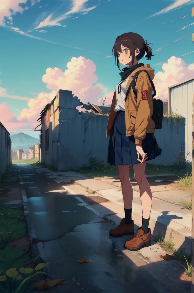 1girl, An anime-style character, female, standing on a ledge overlooking a city in a state of disrepair. The character has cat ears and is dressed in a , featuring a brown jacket and a pleated skirt. She carries a satchel over her shoulder.

The city below appears to be abandoned, with broken and overgrown structures. The warm, golden light of the setting sun casts long shadows and bathes the scene in a soft glow, creating a beautiful yet poignant contrast with the surrounding decay. The sky is partly cloudy with a few scattered leaves or debris caught in the breeze, adding to the sense of desolation and quiet.

The overall composition evokes a sense of solitude and contemplation, as the character gazes at the distant horizon, suggesting themes of resilience, hope, or a journey.