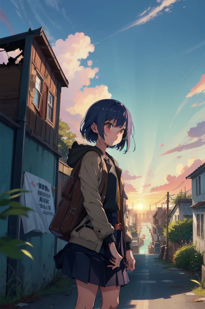 1girl, An anime-style character, female, standing on a ledge overlooking a city in a state of disrepair. The character has cat ears and is dressed in a , featuring a brown jacket and a pleated skirt. She carries a satchel over her shoulder.

The city below appears to be abandoned, with broken and overgrown structures. The warm, golden light of the setting sun casts long shadows and bathes the scene in a soft glow, creating a beautiful yet poignant contrast with the surrounding decay. The sky is partly cloudy with a few scattered leaves or debris caught in the breeze, adding to the sense of desolation and quiet.

The overall composition evokes a sense of solitude and contemplation, as the character gazes at the distant horizon, suggesting themes of resilience, hope, or a journey.