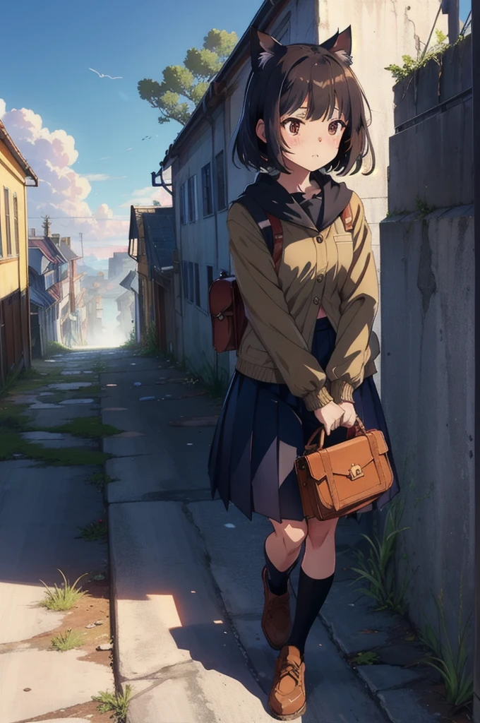 1girl, An anime-style character, female, standing on a ledge overlooking a city in a state of disrepair. The character has cat ears and is dressed in a , featuring a brown jacket and a pleated skirt. She carries a satchel over her shoulder.

The city below appears to be abandoned, with broken and overgrown structures. The warm, golden light of the setting sun casts long shadows and bathes the scene in a soft glow, creating a beautiful yet poignant contrast with the surrounding decay. The sky is partly cloudy with a few scattered leaves or debris caught in the breeze, adding to the sense of desolation and quiet.

The overall composition evokes a sense of solitude and contemplation, as the character gazes at the distant horizon, suggesting themes of resilience, hope, or a journey.