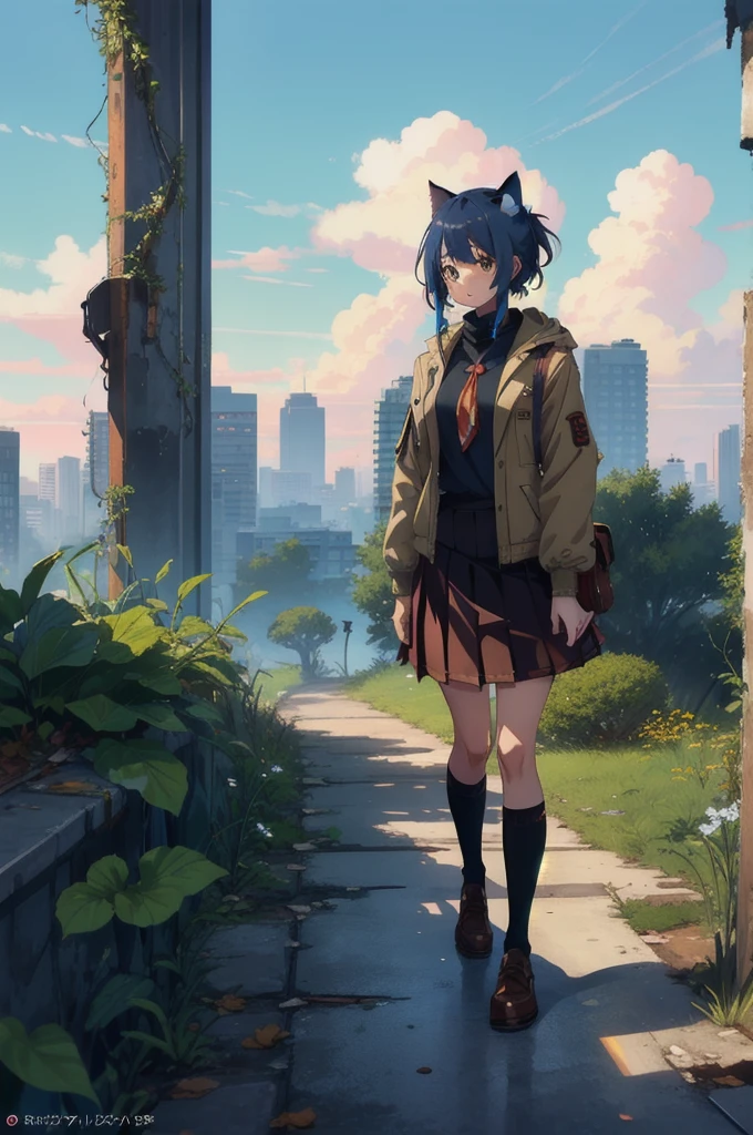 1girl, An anime-style character, female, standing on a ledge overlooking a city in a state of disrepair. The character has cat ears and is dressed in a , featuring a brown jacket and a pleated skirt. She carries a satchel over her shoulder.

The city below appears to be abandoned, with broken and overgrown structures. The warm, golden light of the setting sun casts long shadows and bathes the scene in a soft glow, creating a beautiful yet poignant contrast with the surrounding decay. The sky is partly cloudy with a few scattered leaves or debris caught in the breeze, adding to the sense of desolation and quiet.

The overall composition evokes a sense of solitude and contemplation, as the character gazes at the distant horizon, suggesting themes of resilience, hope, or a journey.