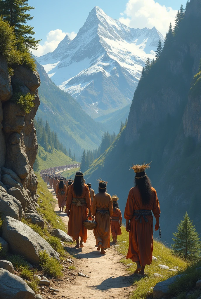 Indigenous people walking in profile on the mountain with offerings