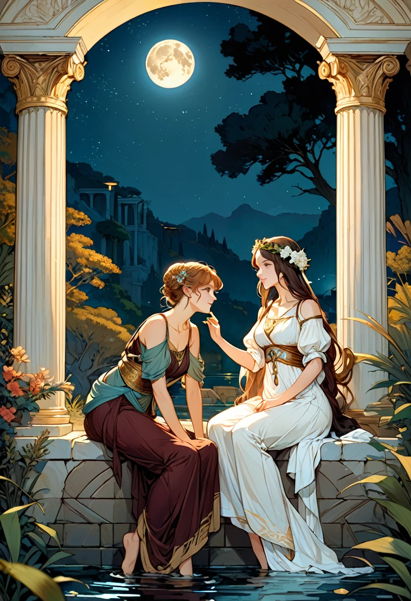 (Highest quality、High resolution、masterpiece)、4K Anime Art、(two women are sitting on a rock in the river、Facing each other、whole body、18-year-old)、(ancient greek scene) 、(Detailed depiction of a beautiful face)、Put your hair up、Captivating smile、(Ancient Greek Clothing、White tunic)、Movie Scenes、Soft Light、Ray Tracing、Soft Focus、greek architecture columns、greek pine、Classic atmosphere、Romantic atmosphere、Blur the background、(Full moon in the night sky:1.2)、(Alphonse Mucha Style)、(Edmund Leighton Style)、(alma tadema style)、(David Hamilton Style)、(Leonardo da Vinci Style)、