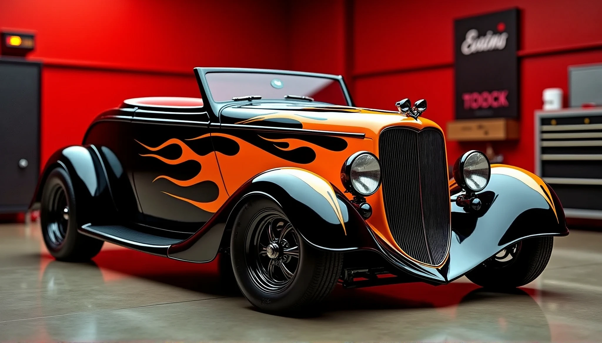 The image showcases a classic hot rod 34 ford roadster car, characterized by its distinctive features. The vehicle's body is painted in a glossy Black with orange flames down the side of the car, which contrasts sharply with the red background and the darkened interior. The car exhibits a long hood and a short rear deck, typical of hot rods, which enhances its aerodynamic profile. The front grille is prominent and flanked by large, round headlamps that give the car an aggressive look. The hood features a set of spotlights, a common modification for such vehicles, likely for improved visibility during night-time cruising. The car's wheels are custom, with spoked rims that add to the vintage aesthetic. The overall condition of the car appears immaculate, suggesting meticulous care and restoration. The setting seems to be a garage or workshop, indicated by the presence of mechanical equipment in the background, which adds to the authenticity of the scene.