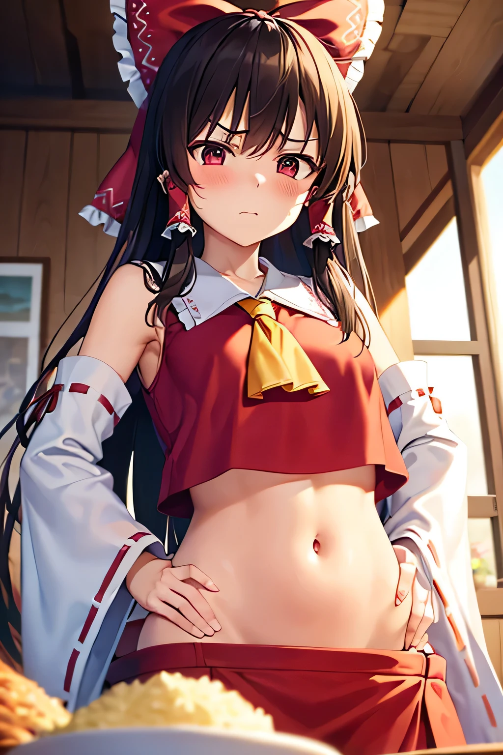 super fine illustration, vibrant colors, masterpiece, sharp focus, best quality, depth of field, cinematic lighting, ultra detailed, blush, belly button, navel, tummy, shrine maiden, hakurei reimu, 1girl, hair bow, ascot, hair tubes, detached sleeves, red shirt, red skirt, extremely long hair, dark brown hair, indoors, mature woman, ,hakurei reimu, 1girl, hair bow, ascot, hair tubes, miko, detached sleeves, Reimu Hakurei, annoyed, looking down, hand on own stomach, food on table, rice bowl