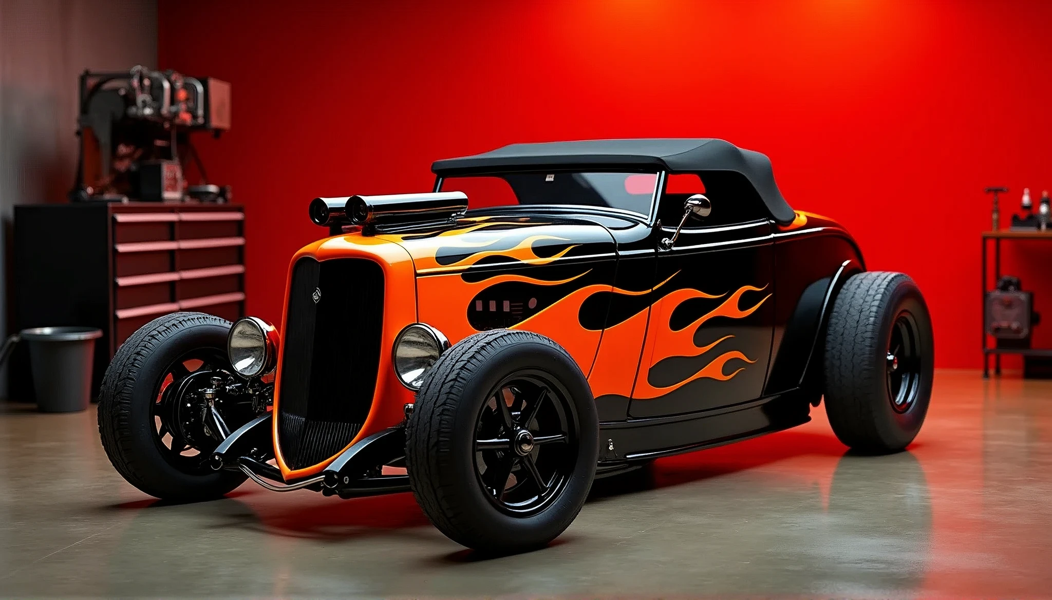 The image showcases a classic hot rod 34 ford roadster car, characterized by its distinctive features. The vehicle's body is painted in a glossy Black with orange flames down the side of the car, which contrasts sharply with the red background and the darkened interior. The car exhibits a long hood and a short rear deck, typical of hot rods, which enhances its aerodynamic profile. The front grille is prominent and flanked by large, round headlamps that give the car an aggressive look. The hood features a set of spotlights, a common modification for such vehicles, likely for improved visibility during night-time cruising. The car's wheels are custom, with spoked rims that add to the vintage aesthetic. The overall condition of the car appears immaculate, suggesting meticulous care and restoration. The setting seems to be a garage or workshop, indicated by the presence of mechanical equipment in the background, which adds to the authenticity of the scene.