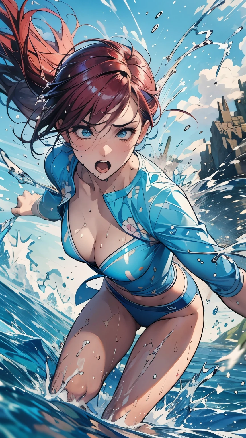 Masterpiece, best quality, (dynamic pose:0.5), Absurdres, 1girl, fighting pose, punch water, (attacking with water:1.5) wet clothes, wet hair, wet face, water behind a person, multicolored hair, (wind:1.4), deep cleavage, small breast:1.3