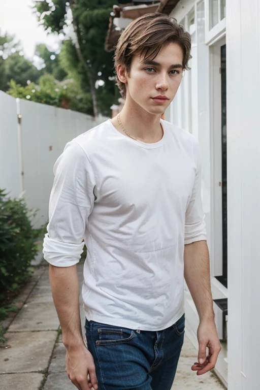 Young handsome cute white beautiful face white skin soft skinny leaving his house sad