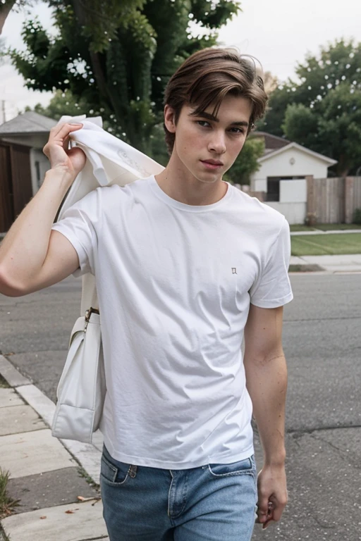 Young handsome cute white beautiful face white skin soft skinny leaving his house sad