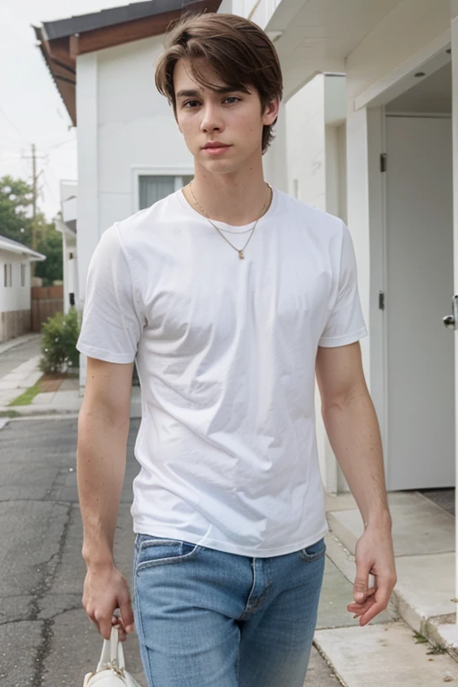 Young handsome cute white beautiful face white skin soft skinny leaving his house sad