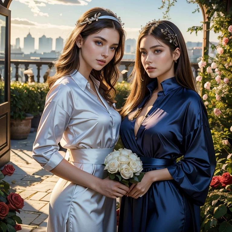(masterpiece, best quality:1.5), highest quality, High resolution, super detailed, Realists, Upper body photo of a brunette 22 year old woman, detailed and beautiful eyes, beautiful detailed lips, very detailed eyes and face, longeyelashes, 22 year old woman in a shirt made of blue shiny satin fabric and white trousers, Beautiful and colorful makeup, elegant and noble々Pose,shiny satin headband, grind, Holding flowers, Gardens as background, soft daylight, bright colors, fine brushstrokes, Portrait style, Noble details in the dress fabric, beautiful color palette, glowing skin, First-class rendering, that captures every detail, enchanting atmosphere, subtle shadows and lights, (perfect anatomy:1.2), (The two stunning women in long satin shirts hold baskets of rose petals. Exchange glances. (magnificent panorama view:1.2)