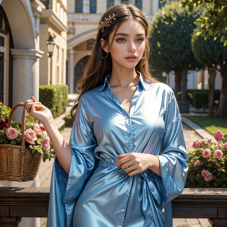(masterpiece, best quality:1.5), highest quality, High resolution, super detailed, Realists, Full body photo of a brunette 22 year old woman, detailed and beautiful eyes, beautiful detailed lips, very detailed eyes and face, longeyelashes, 22-year-old woman in a shiny satin top, Beautiful and colorful makeup, elegant and noble々Pose,shiny satin headband,, Office as background, bright daylight, bright colors, fine brushstrokes, Portrait style, beautiful color palette, glowing skin, First-class rendering, that captures every detail, enchanting atmosphere, (perfect anatomy:1.2), (The stunning woman wears a blue satin tank top and a white miniskirt. stockings up to the knees (magnificent panorama view:1.2)