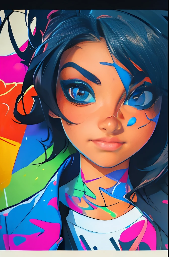 (best quality), masterpiece, extremely detailed CG uniform 8K illustration, high color, extremely high color saturation, all colors deepened, paint, graffiti art, center composition, extremely detailed light and shadow, graffiti wall, wall painted bright, 1 girl graffiti 1 girl looking at the wall, extremely detailed face and eyes, medium length hair, sportswear, colored clouds