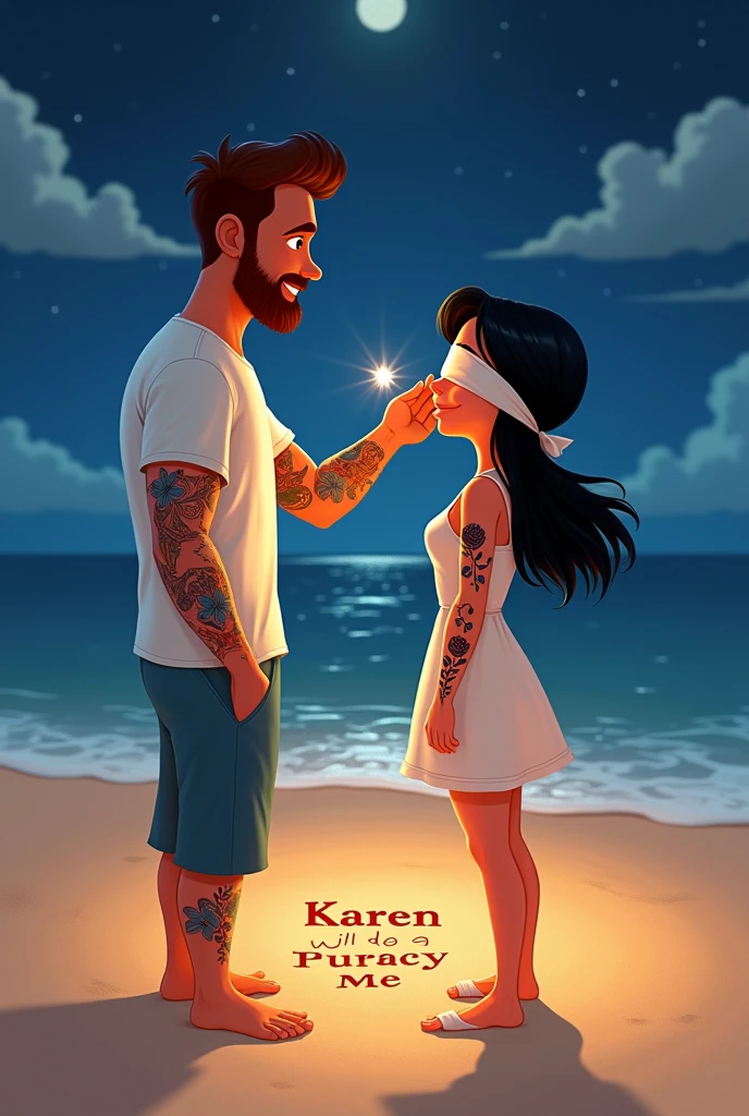 A cartoon-like image from Pixar with a couple on the beach at night, The man has a beard and short brown hair., wear white short sleeve shirt ,He has a tattoo of a phoenix all along his arm., She has long black hair and wears a short dress and has a tattoo of a black rose along her arm, The man is removing a blindfold from her eyes, in the sand it says: Karen will you marry me??