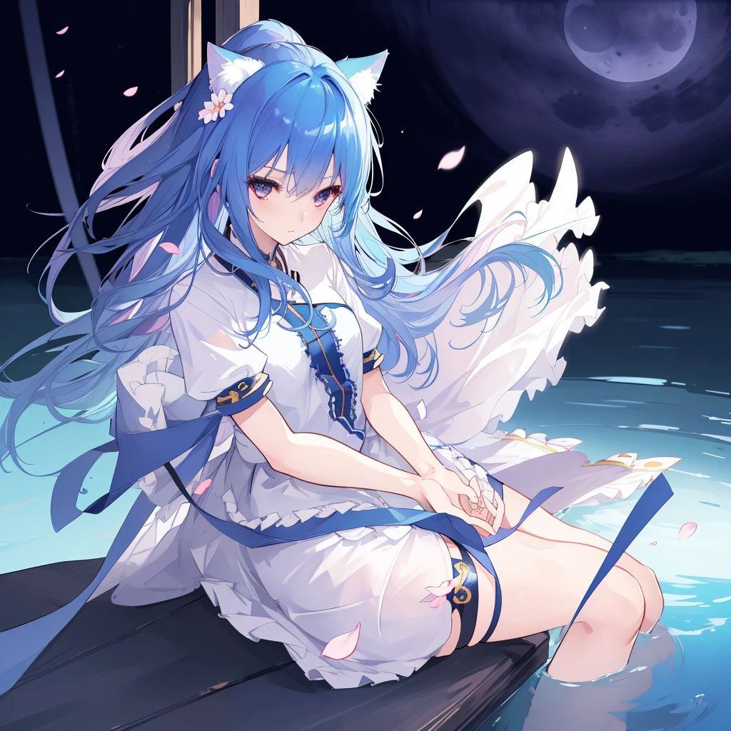 (Masterpiece:1.2),Ultra-detailed,lifelike,The eyes are expressive,Fair skin,Perfect face shape,1 girl,Japanese Manga,Gorgeous blue hair,Flowing blue hair,Flowing clothes,Cat ears,Petals falling,Shy face,sitting on window,Place your hand on your lips,dark blue hair anime teen girl, ((sitting in a river)), ((strong moonlight)), cinematic light, slim body, skin is perfectly healthy, soft, and smooth, Extremely delicate and beautiful CG illustration, best quality, high resolution, dynamic angle, full-length lens, (1 girl), floating, (soft light, high-key lighting), glowing light, blue halo, blue crystal, ((very cinematic)), ((half naked))