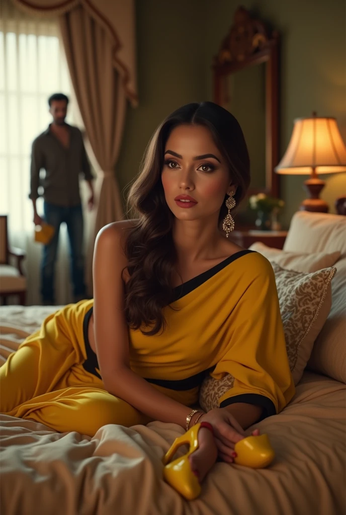 Create a 3D realistic image of Bollywood heroine Tara Sataria in a beautiful bedroom, wearing a stunning yellow and black saree, lying on the bed in beautiful yellow high heels, talking on her phone. When the man is cleaning the room."