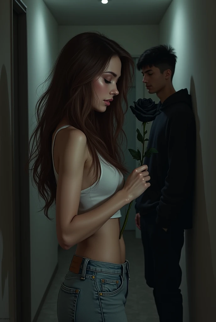 The image shows a woman with long brown hair, wearing light denim pants and a white tank top, holding a black rose and looking at flower. She is in a hallway and the atmosphere is dark and mysterious., to a shadowy figure in front of the woman, a man wearing a black sweatshirt watching her from a little distance. The woman appears to be in a romantic and enigmatic situation.