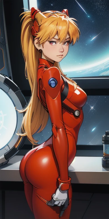 (Overhead view),dynamic angle,ultra-detailed, illustration, close-up, straight on, 1girl, 
 ((souryuu asuka langley, interface headset, red bodysuit:1.4, blonde)),Her eyes shone like dreamy stars,(glowing eyes:1.233),(beautiful and detailed eyes:1.1),(expressionless,closed mouth),(standing), 
(mechanic room with toolsand spaceship windowin a white SPACESHIP),
(night:1.2),dreamy, [[delicate fingers and hands:0.55]::0.85],(detail fingers),