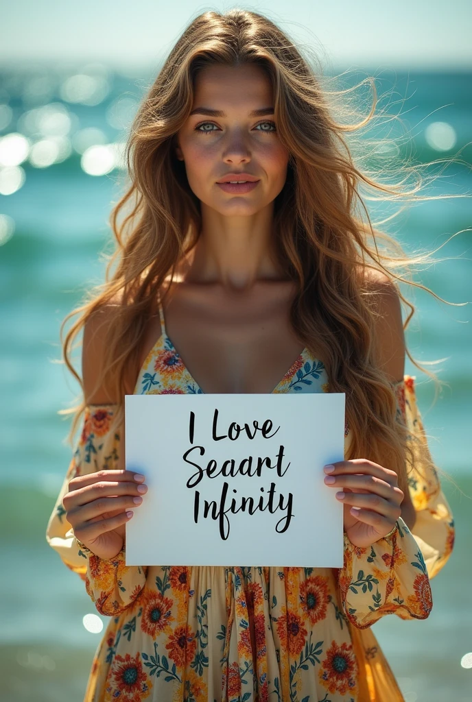 Beautiful girl with wavy long hair, bohemian dress, holding a white board with text "I Love Seaart Infinity" and showing it to the viewer