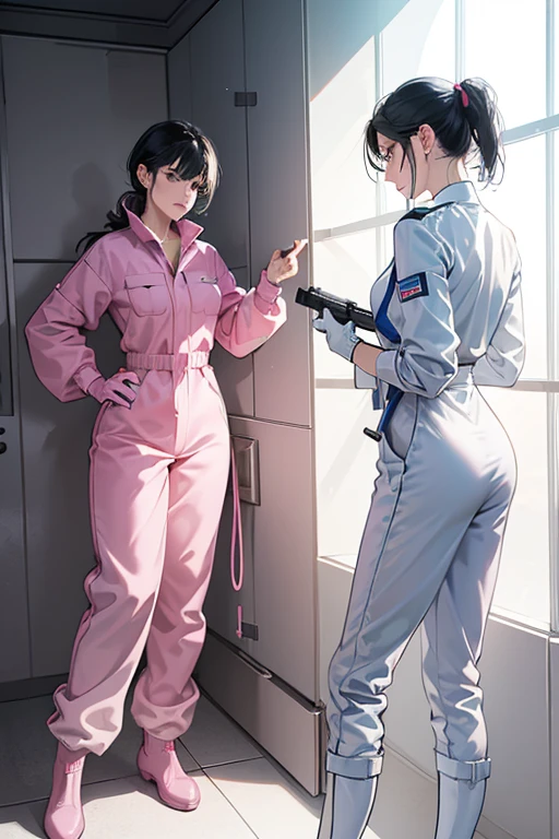 In the bathroom, two mature women with black hair tied up, wearing large pink rubber gloves, white cloth wrapped around their heads, blue long-sleeved jumpsuits, white rubber boots, and holding submachine guns