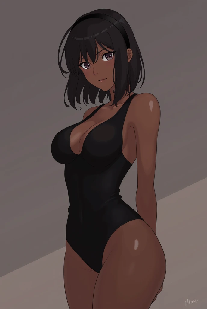 (masterpiece, best quality:1.2),solo,1girl,alternate costume,black hairband,looking at viewer,highres,sweatdrop,solo,black leotard,backless leotard, dark skin, under breasts sexy black woman anime