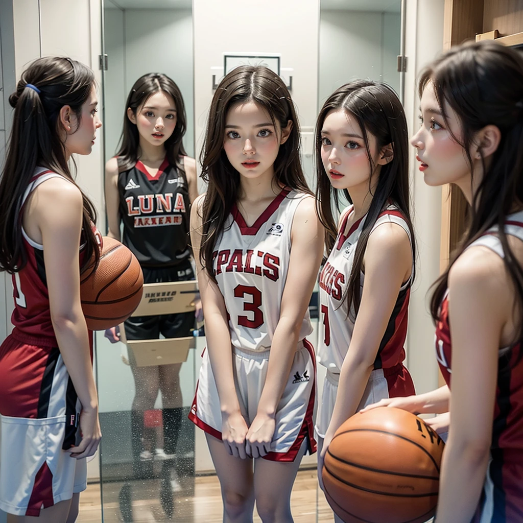 SFW, ExtremelyDetailed (((Basketball Team Girls in a row:1.4))), Childish perfect face, Reflective Eyes, Detailed(Delicate Clothing textures), Corrected Leg to Foot Line, Corrected Perfect Hand, Dynamic Joyful Expressions LifeLike Rendering, ((Specular Reflection:1.28)), TopQuality 8K Ultra-detailed masterpiece (ProfessionalPhoto:1.37)(Acutance:0.8),(Luminism:1.22), Locker room (Exposed) Changing clothes