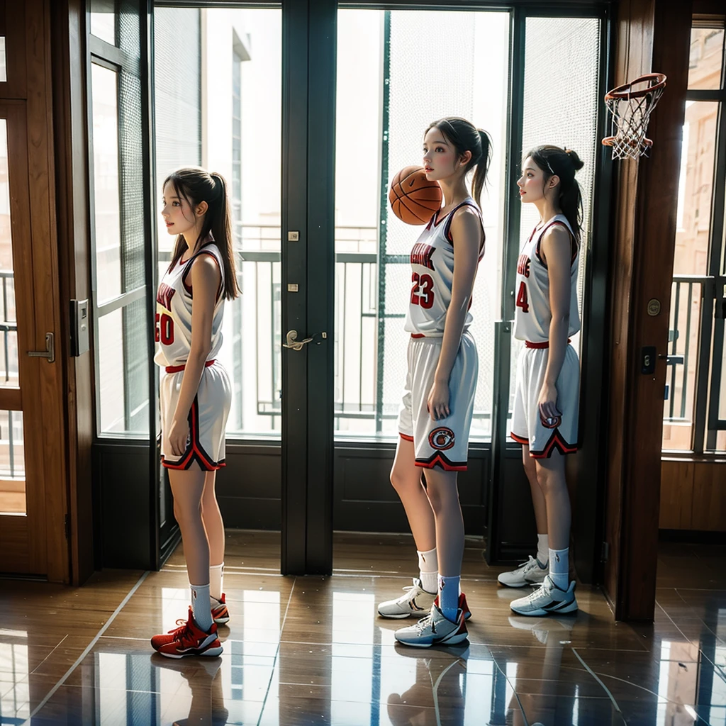 SFW, ExtremelyDetailed (((Basketball Team Girls in a row:1.4))), Childish perfect face, Reflective Eyes, Detailed(Delicate Clothing textures), Corrected Leg to Foot Line, Corrected Perfect Hand, Dynamic Joyful Expressions LifeLike Rendering, ((Specular Reflection:1.28)), TopQuality 8K Ultra-detailed masterpiece (ProfessionalPhoto:1.37)(Acutance:0.8),(Luminism:1.22), Locker room (Exposed) Changing clothes