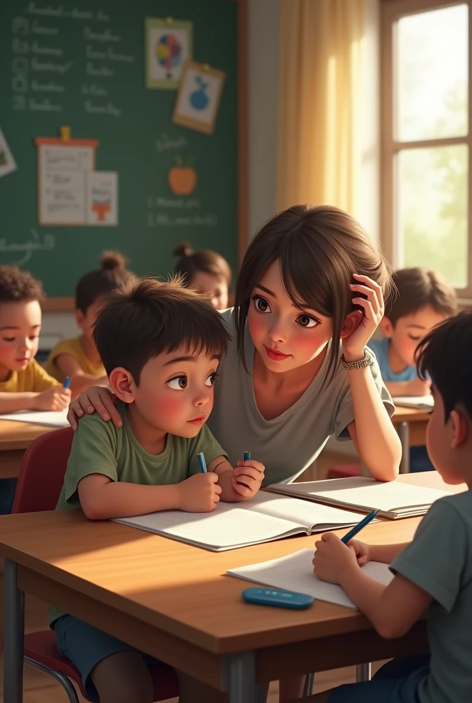 at school with learning difficulties and the teacher supporting him