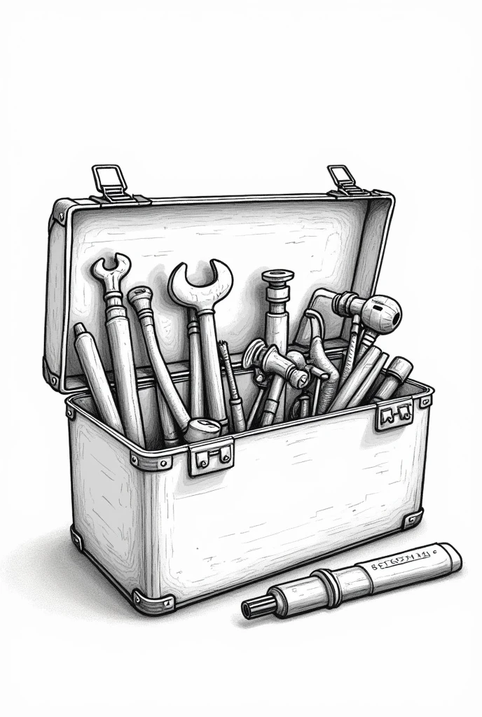 best quality, highres, masterpiece:1.2, ultra-detailed, realistic:1.37. , white background, monochromatic, line drawing, sketch., ensuring the lines are clear and well-defined for easy coloring. Tool box full of plumbing hand tools