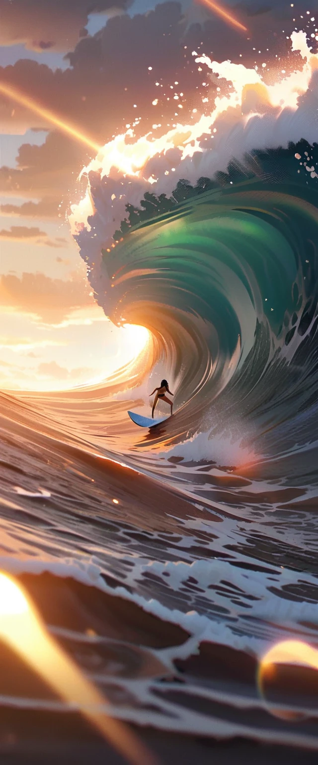 Making a wave with women's legs and a surfer in a surf suit on them.