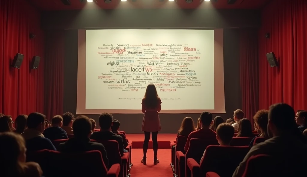 masterpiece, Highest image quality, photo realistic, Raw photo, full body photo, (in the theater, girl explain the big Typography poster behind her, girl stand in front of the typography poster, many people look at the girl, many word and design on typography poster)